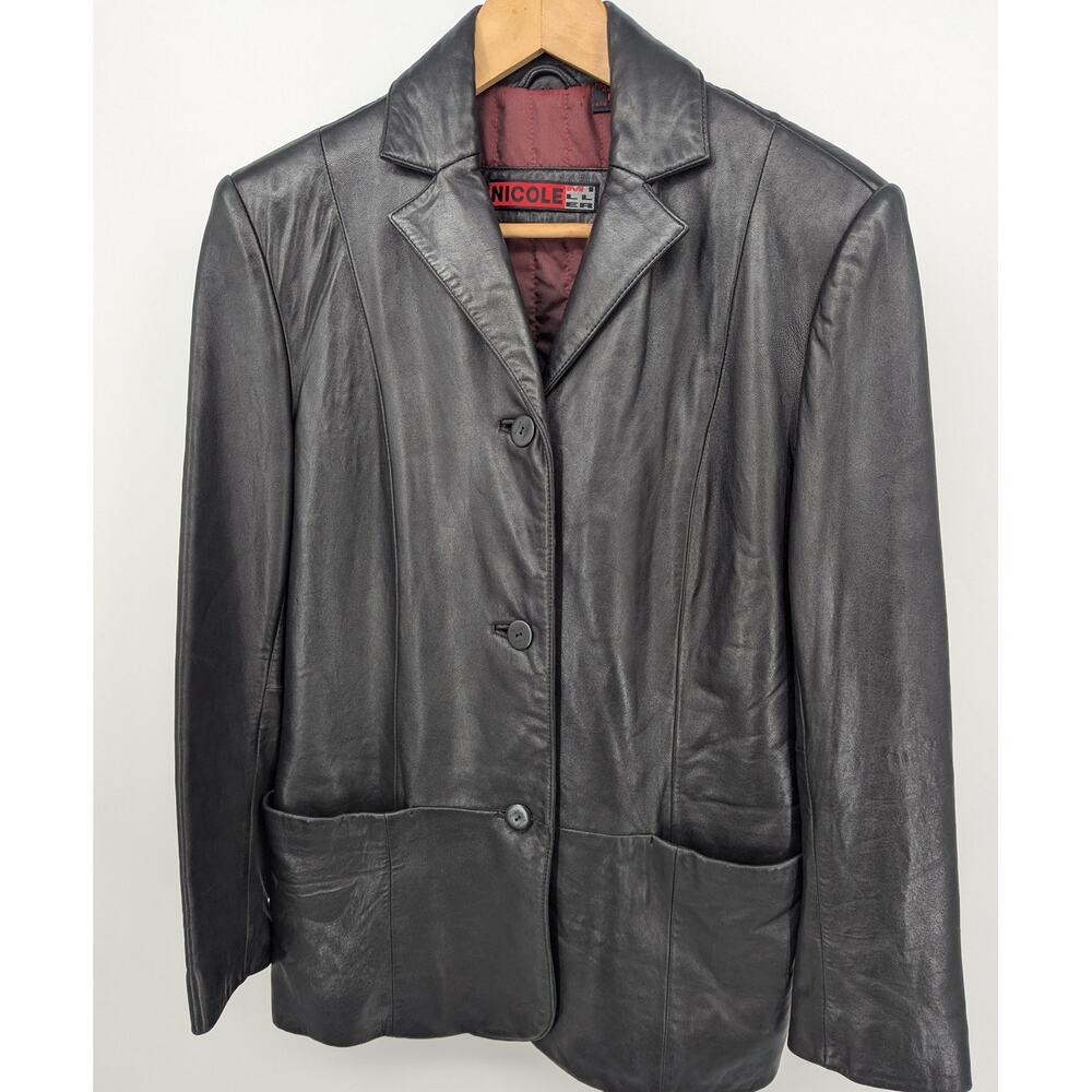 Nicole Miller New York Vintage Black Leather Blazer Jacket Womens Size M Y2K 90s